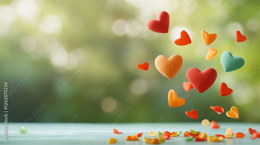 Poster candies float in clear sky with hazy forest backdrop