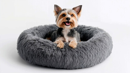 Happy dog sitting in fluffy bed against white background.  