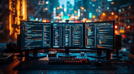 Nighttime coding setup with vibrant screens keyboard and city lights in the background