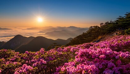 Obraz premium morning and spring view of pink azalea flowers at hwangmaesan mountain with the background of sunlight and foggy mountain range near hapcheon gun south korea