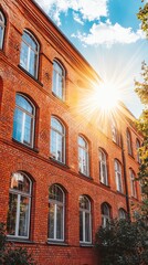 Fototapeta premium Sunny brick building, city street, summer day, architectural detail, real estate
