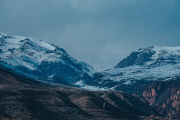 Beautiful high mountains with snow landscape in Kyrgyzstan