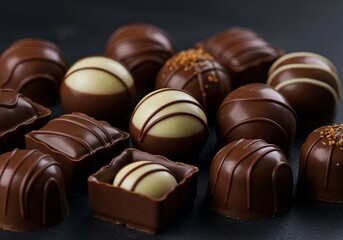 Obraz premium Closeup of many chocolate candies pralines on a dark background Generated with AI