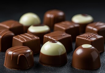 Closeup of many chocolate candies pralines on a dark background Generated with AI