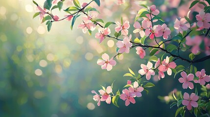  Pink flowers on tree branches, green foliage Blurred green background