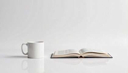 Naklejka premium Open book and white cup on minimalist background