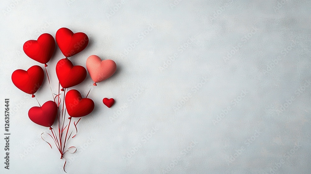 Poster a photo of multiple red heart-shaped balloons against a white backdrop, connected by a string behind