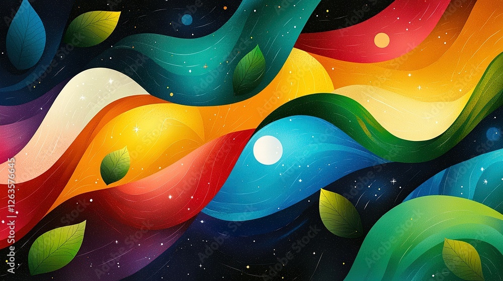 Poster a multicolored wave with stars and a moon in the middle is painted against a backdrop of additional 