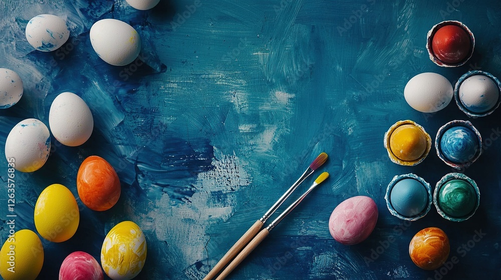 Poster an array of paints and brushes on a cerulean canvas with ova and brushstrokes nearby