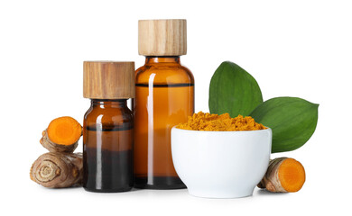 Bottles of turmeric essential oil, powder, raw roots and leaves isolated on white