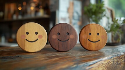 Three wooden smiley faces of varying shades on a rustic wooden surface.