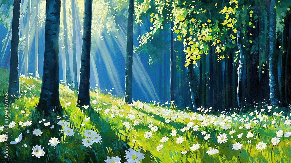 Poster a picture of a forest with daisies in the foreground and sunlight filtering through the trees