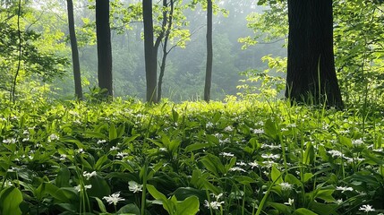 Obraz premium Lush green forest filled with trees and white flowers
