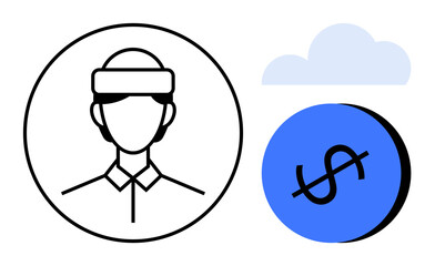 Worker in a circle with headgear, cloud icon, and dollar sign coin. Ideal for business, finance, economy, cloud computing, workforce technology integration future of work. Abstract line flat