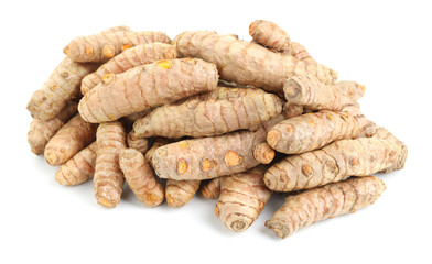 Pile of fresh turmeric roots isolated on white, above view