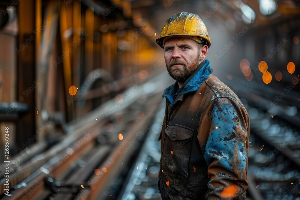 Poster capturing the seamless integration of technology and manual labor in modern industrial processes.