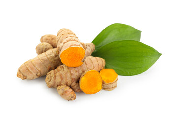 Raw turmeric roots and green leaves isolated on white