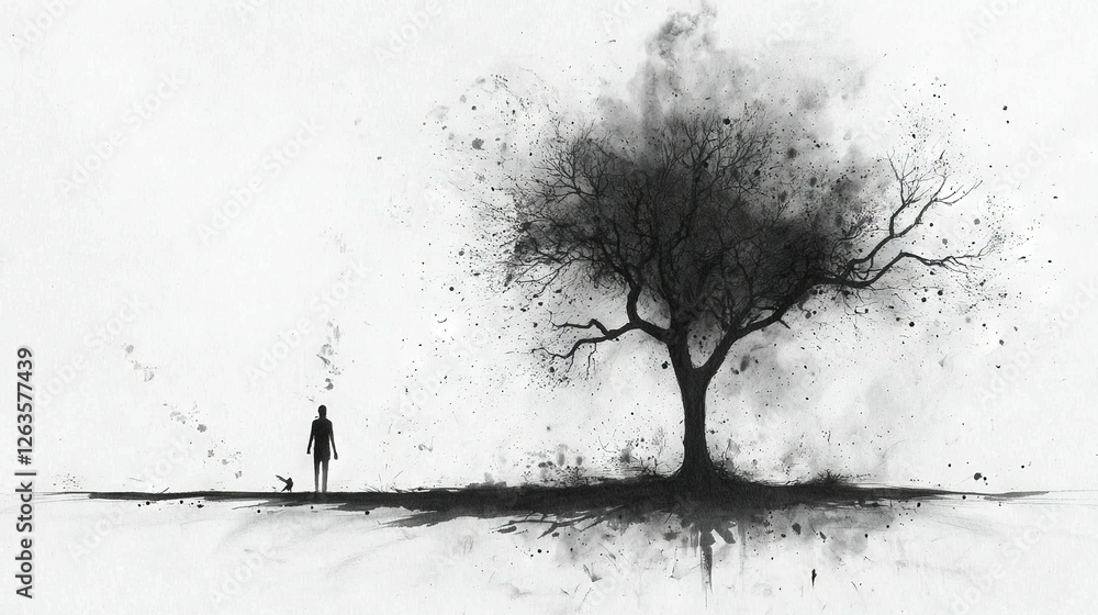 Poster a monochrome image of a man positioned in front of a tree with another person standing beside him