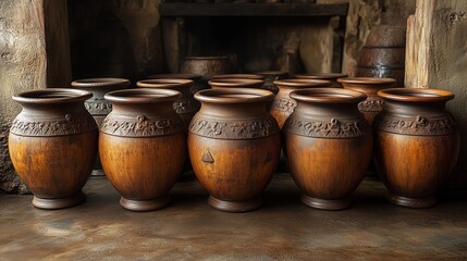 A collection of intricately carved wooden pots arranged in a rustic setting