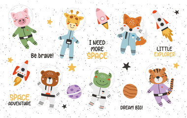 Cute animals astronauts in space set, with planets, stars and spaceships. Flat design 
