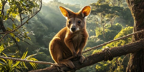 Obraz premium A wildlife blends seamlessly with natural environment, deer crossing eco-bridge covered in native plants, green corridor over highway, morning mist, sustainable architecture