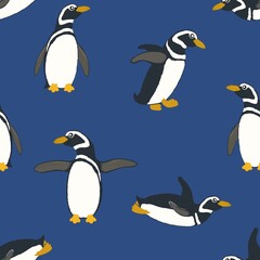 seamless pattern with cute penguins on dark blue background 