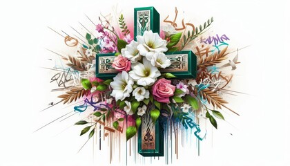 Floral cross with street art flourishes artistic religious expression
