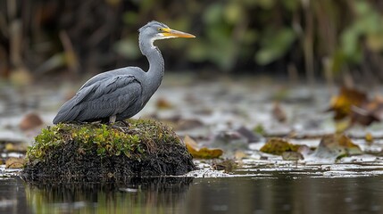 Obraz premium Grey heron perched on wetland vegetation, calm water background; nature photography