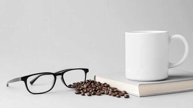 Black eyeglasses beside spilled coffee beans on a book with a plain white mug on a gray background for artistic coffee-themed design purposes