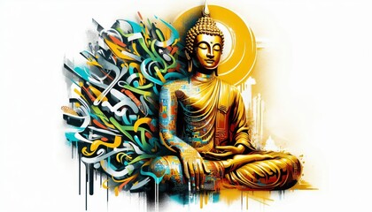 Obraz premium Golden buddha statue amidst colorful street art illustration backdrop