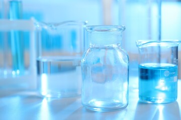 Laboratory glassware with liquid on table indoors