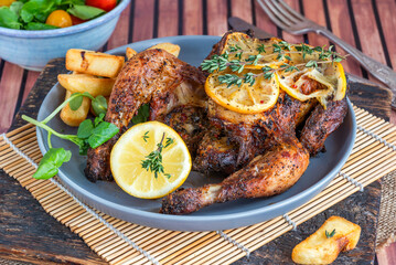 Roasted spatchcock poussin with potato chips