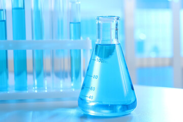 Laboratory glassware with liquid on table indoors