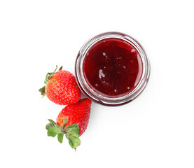 Tasty strawberry sauce in jar and fresh berries isolated on white, top view