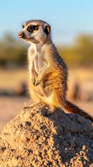 Fototapeta premium Meerkat sentinel on mound, African savanna sunset. Wildlife nature photography for websites