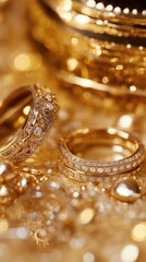 Elegant gold and diamond rings on luxurious sparkling background