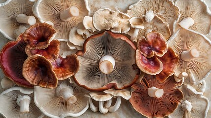 a close-up, top-down view of reishi mushrooms spread across the entire frame, filling the image with their rich, reddish-brown color and tough, woody texture