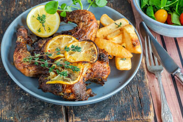 Roasted spatchcock poussin with potato chips