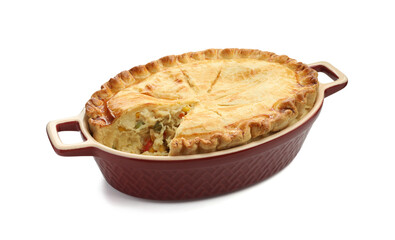 Tasty homemade pie with chicken and vegetables in baking dish isolated on white