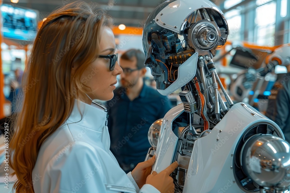 Poster photo idea: a futuristic office setting with employees interacting with advanced ai technology to im
