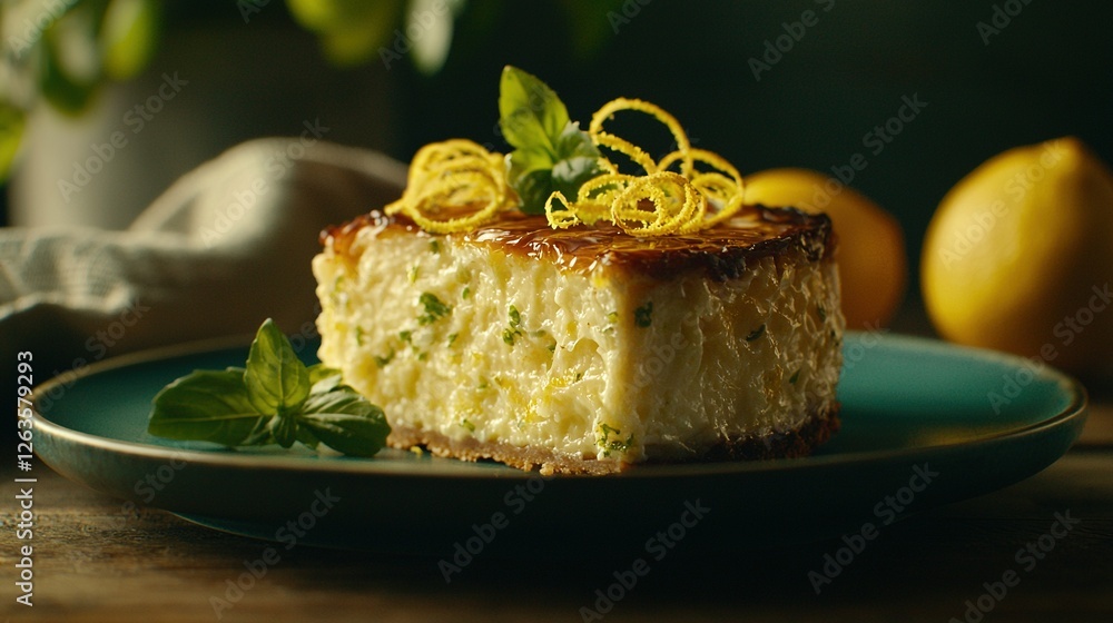 Poster a zoomed-in photo of a dish of food featuring a slice of cake and lemons surrounding it on a table i