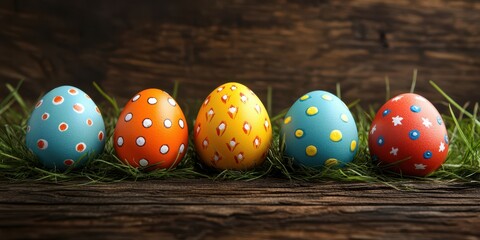 Colorfully decorated Easter eggs arranged on grass with a rustic wooden background