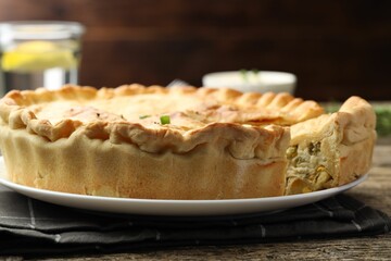 Delicious fresh homemade pie on table, closeup