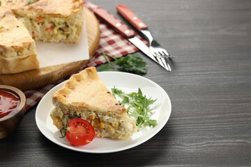 Delicious fresh homemade pie served on wooden table, closeup. Space for text