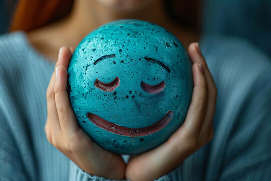 woman's hands holding a sad face while hiding behind a happyface, representing the concept of bipolar disorder and depression and the idea of personality and mood changes