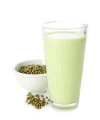 Fresh mung bean juice in glass and seeds isolated on white