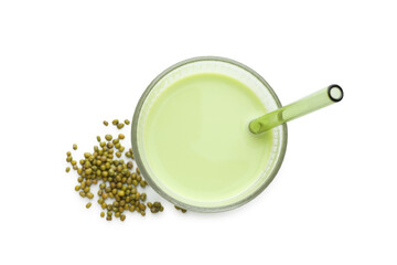 Fresh mung bean juice in glass and seeds isolated on white, top view