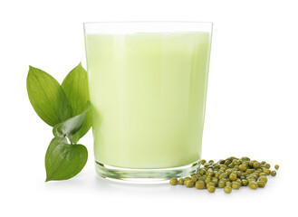 Fresh mung bean juice in glass, seeds and green leaves isolated on white