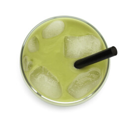 Fresh mung bean juice in glass isolated on white, top view
