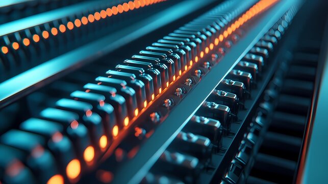 A close-up view of illuminated, intricate machinery featuring parallel rows of gears and lights, suggesting advanced technology and engineering precision.
